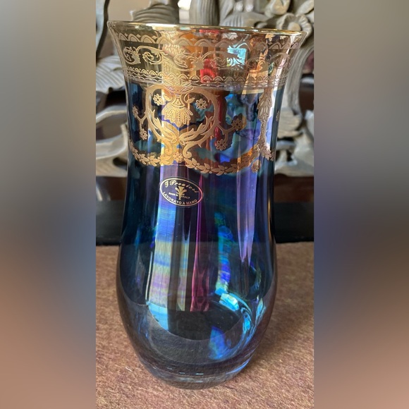 IRIDESCENT BLUE VENICAN VASE HAND-BLOWN GLASS - Picture 6 of 6